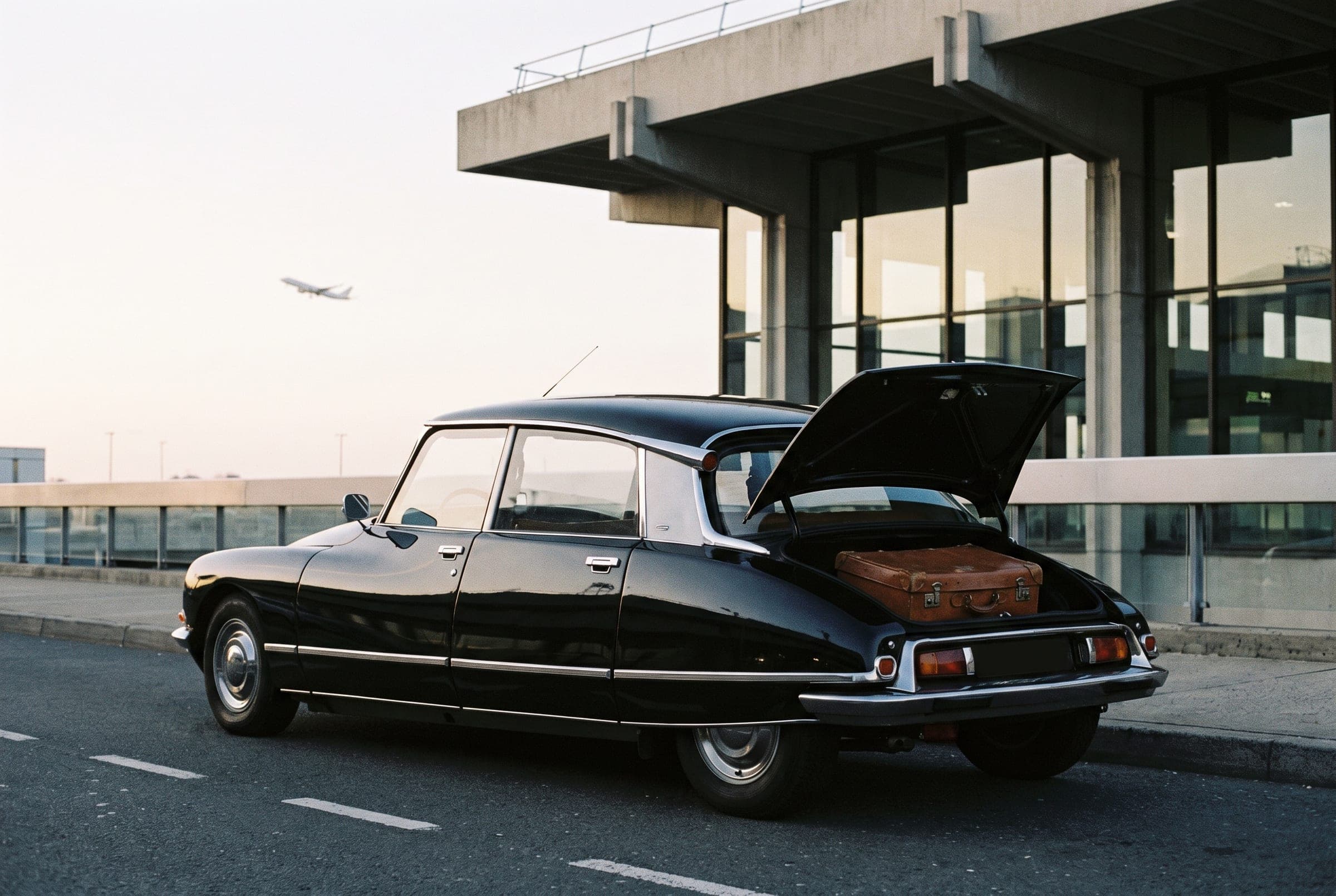 A black Citroën DS waiting at an airport kerbside at dawn, boot open