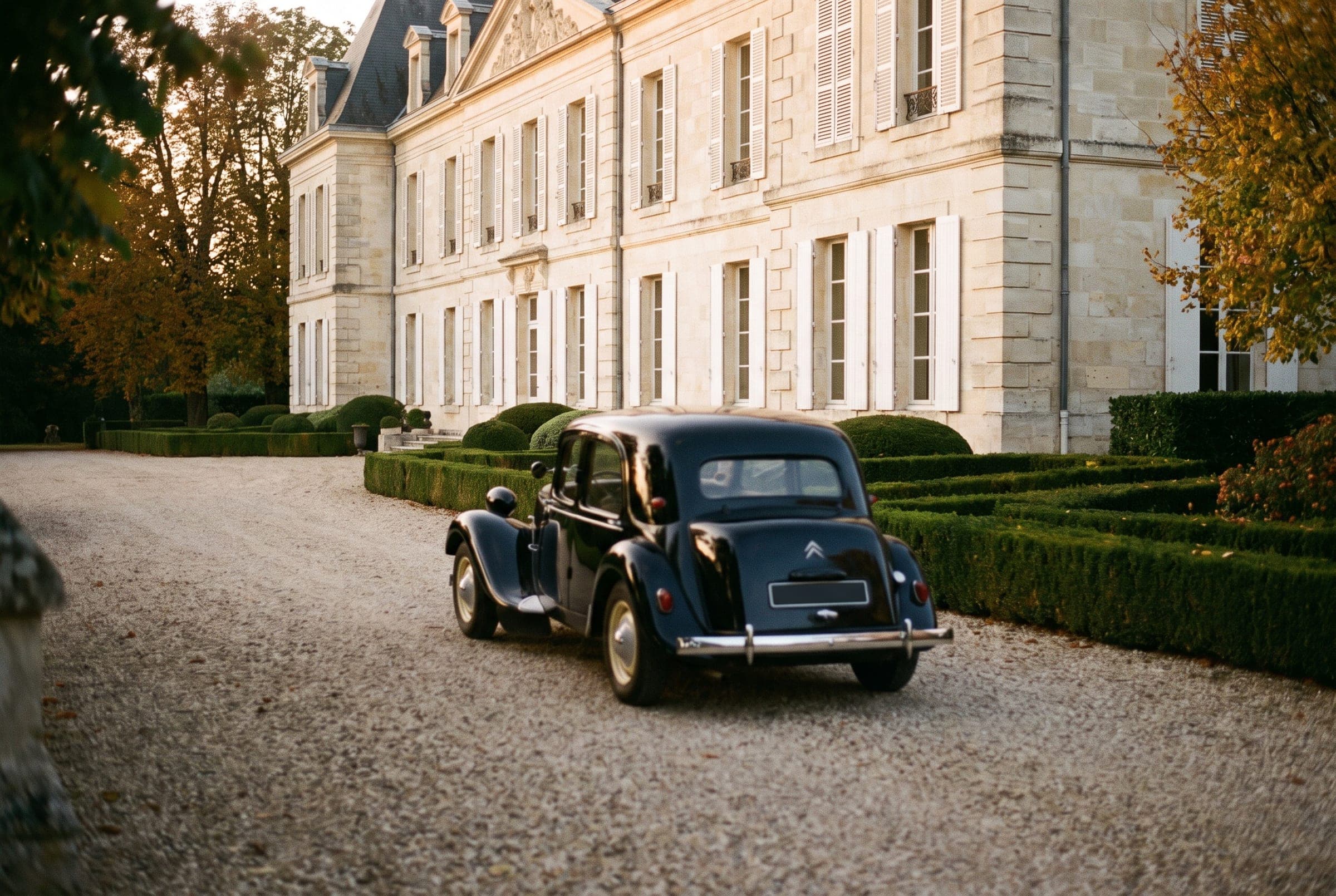 A black Citroën Traction Avant arriving on the gravel drive of a château