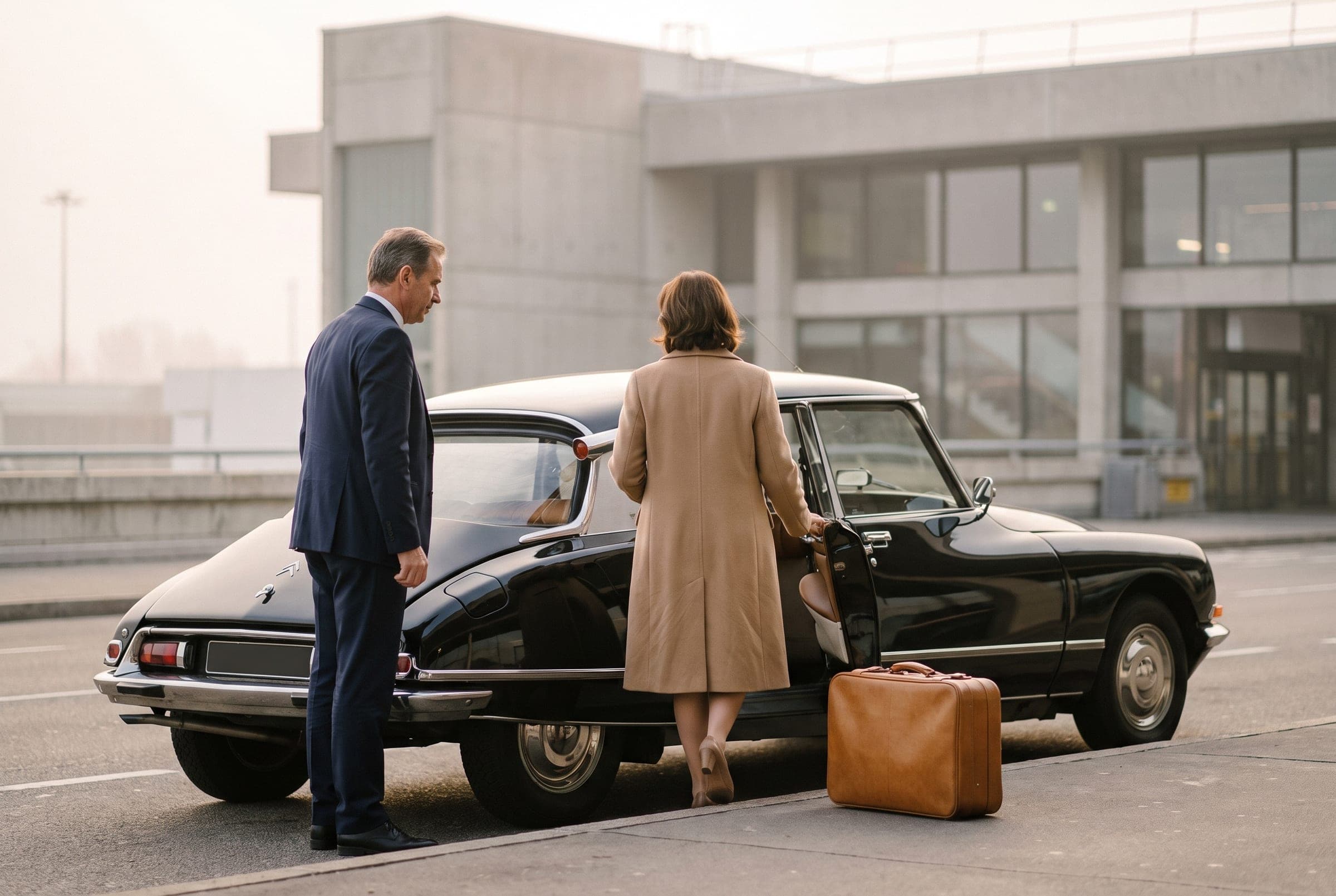 A chauffeur beside a black Citroën DS at the airport kerb as a guest steps towards the car